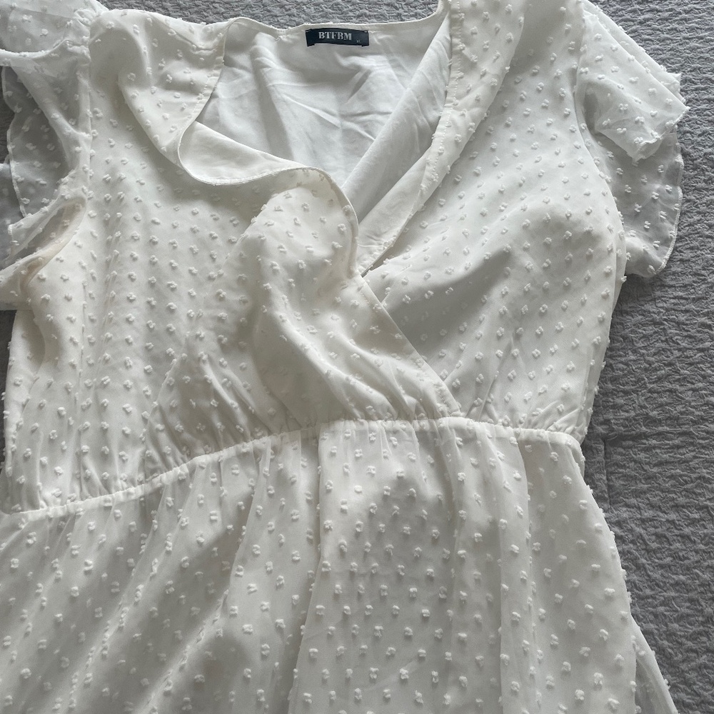 White Swiss dot wrap dress